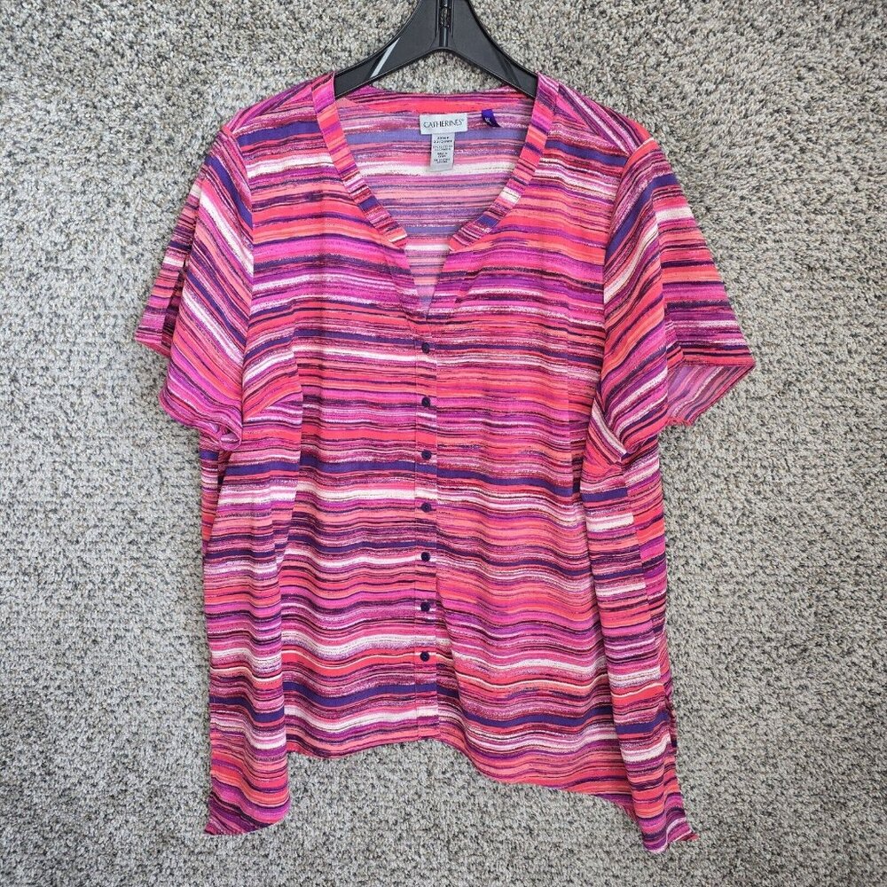 Catherines Top Womens Petite Plus 2XWP 22/24WP Pink Striped Button Up Ladies
